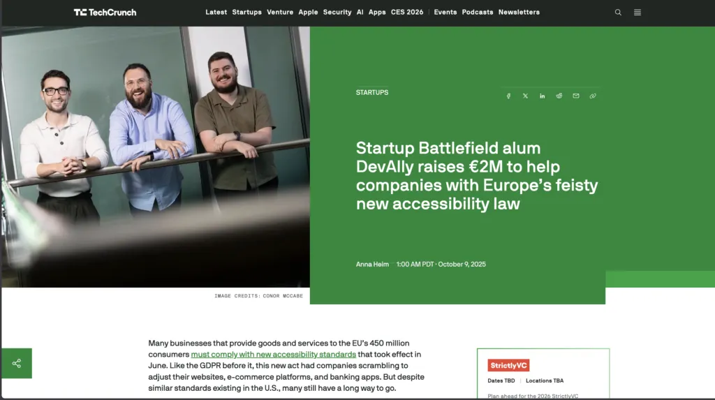 TechCrunch: Startup Battlefield alum DevAlly raises €2M to help companies with Europe’s feisty new accessibility law