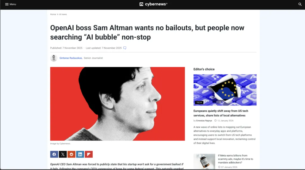 Cybernews: OpenAI boss Sam Altman wants no bailouts, but people now searching “AI bubble” non-stop