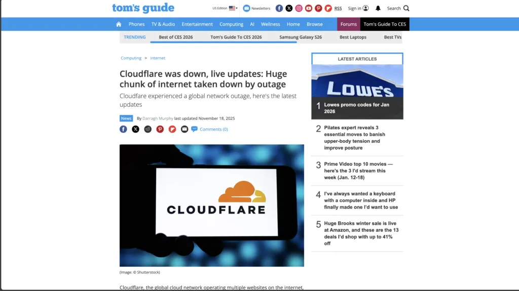 Tom’s Guide: Cloudflare was down, live updates: Huge chunk of internet taken down by outage