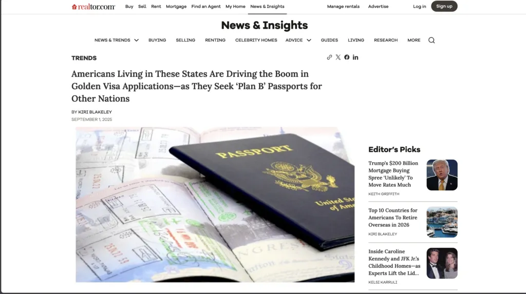 Realtor.com: Americans Living in These States Are Driving the Boom in Golden Visa Applications—as They Seek ‘Plan B’ Passports for Other Nations