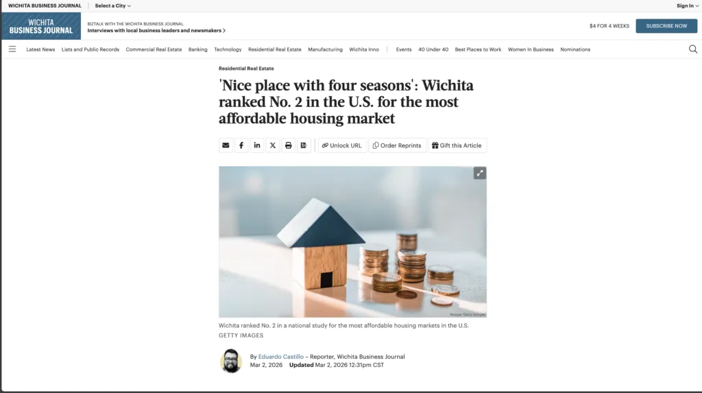 Biz Journals: ‘Nice place with four seasons’: Wichita ranked No. 2 in the U.S. for the most affordable housing market