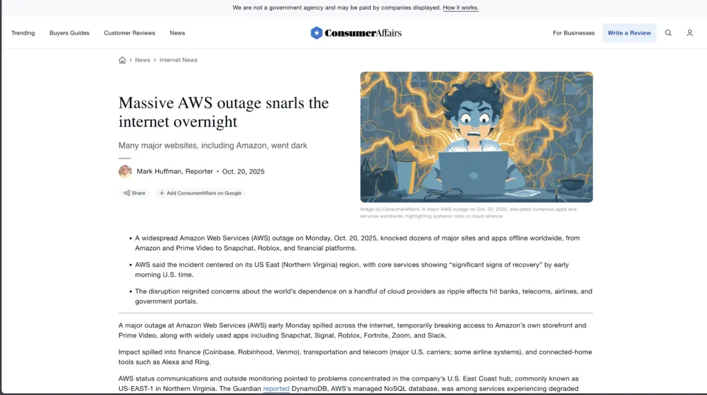 Consumer Affairs: Massive AWS outage snarls the internet overnight