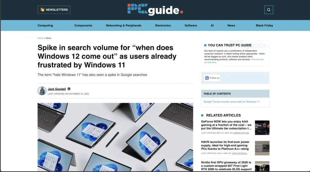 PC Guide: Spike in search volume for “when does Windows 12 come out” as users already frustrated by Windows 11