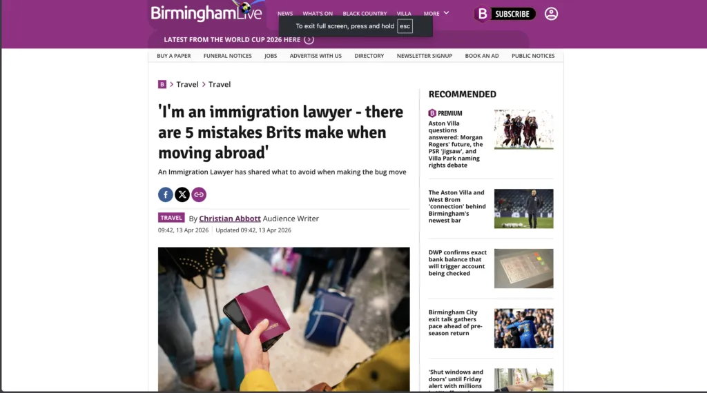 Birmingham Mail: ‘I’m an immigration lawyer – there are 5 mistakes Brits make when moving abroad’