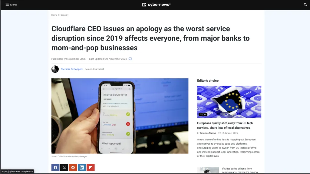 Cybernews: Cloudflare CEO issues an apology as the worst service disruption since 2019 affects everyone, from major banks to mom-and-pop businesses
