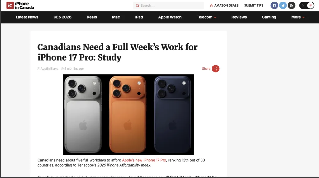 iPhone in Canada: Canadians Need a Full Week’s Work for iPhone 17 Pro: Study