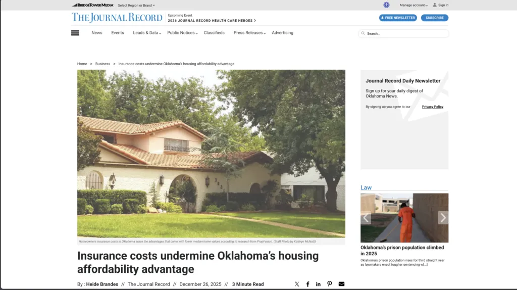 Journal Record: Insurance costs undermine Oklahoma’s housing affordability advantage