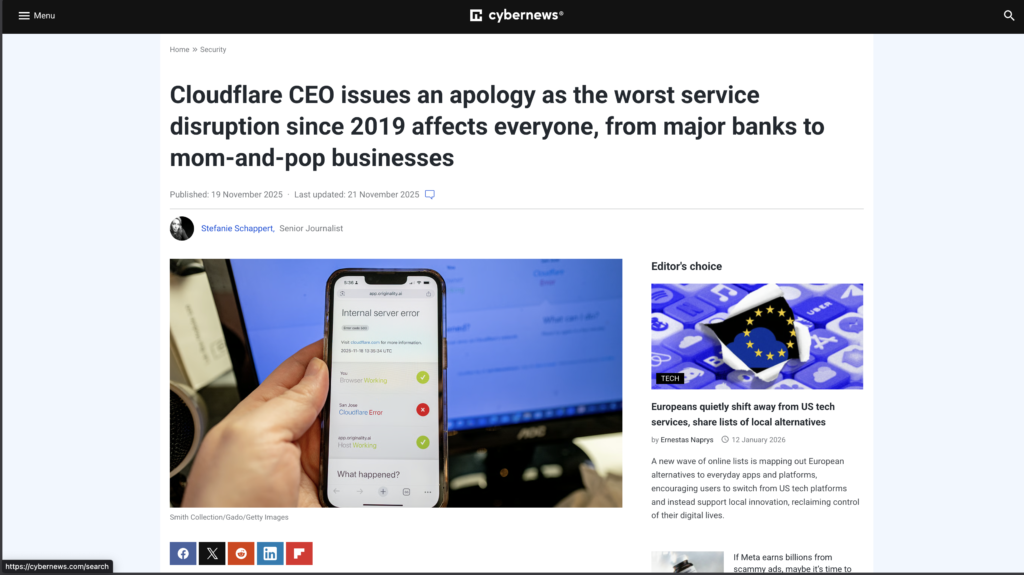 Cybernews: Cloudflare CEO issues an apology as the worst service disruption since 2019 affects everyone, from major banks to mom-and-pop businesses
